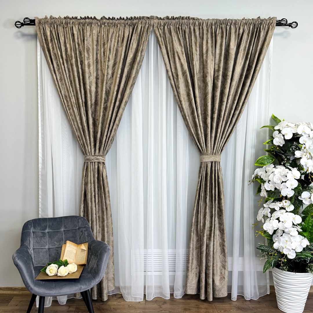 Draperie Catifea MYKONOS cu valuri rafinate aurii, 140cm latime x 260cm inaltime, cu TIV LAT, Cappuccino - New V6 - 1 | YEO