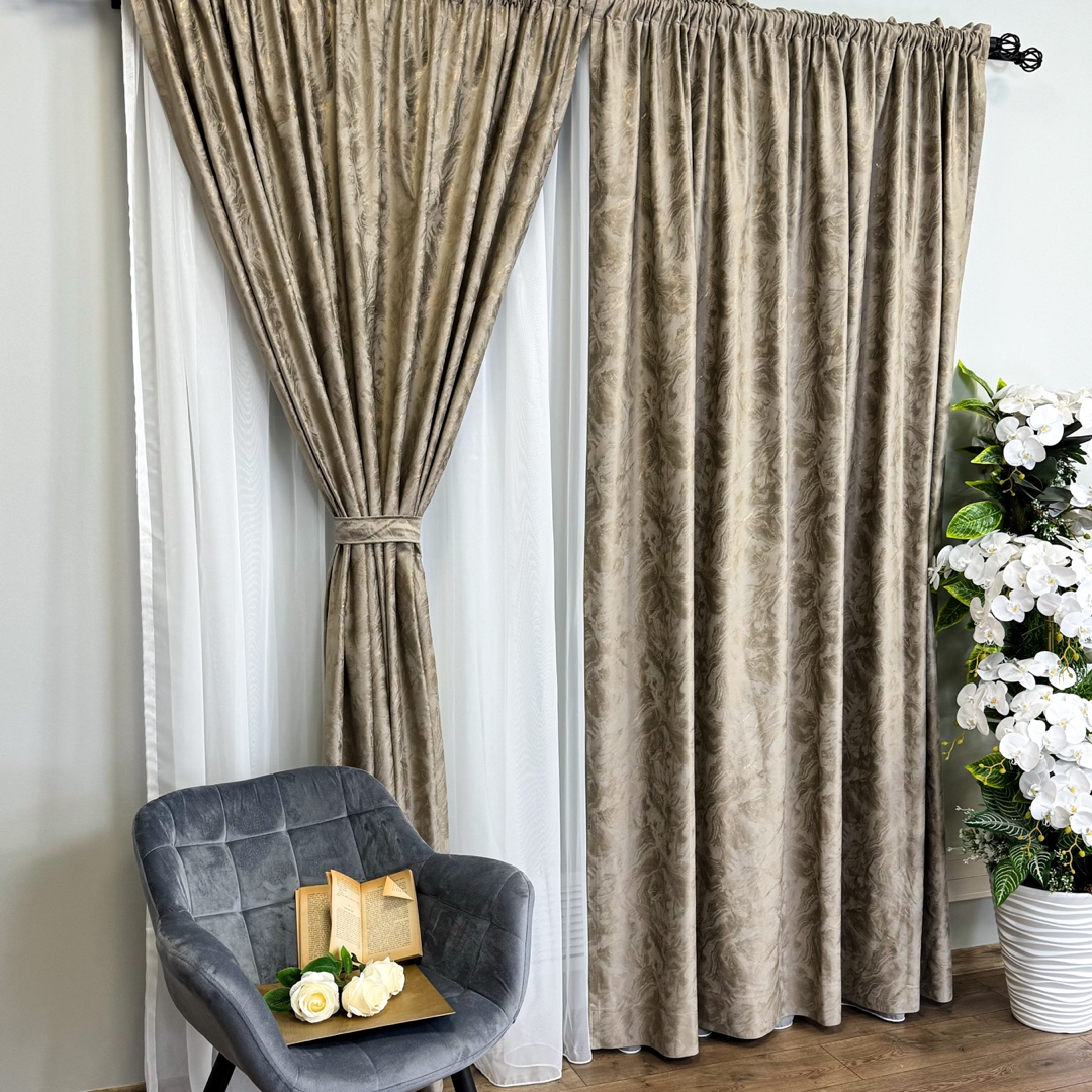 Draperie Catifea MYKONOS cu valuri rafinate aurii, 140cm latime x 260cm inaltime, cu TIV LAT, Cappuccino - New V6 - 2 | YEO