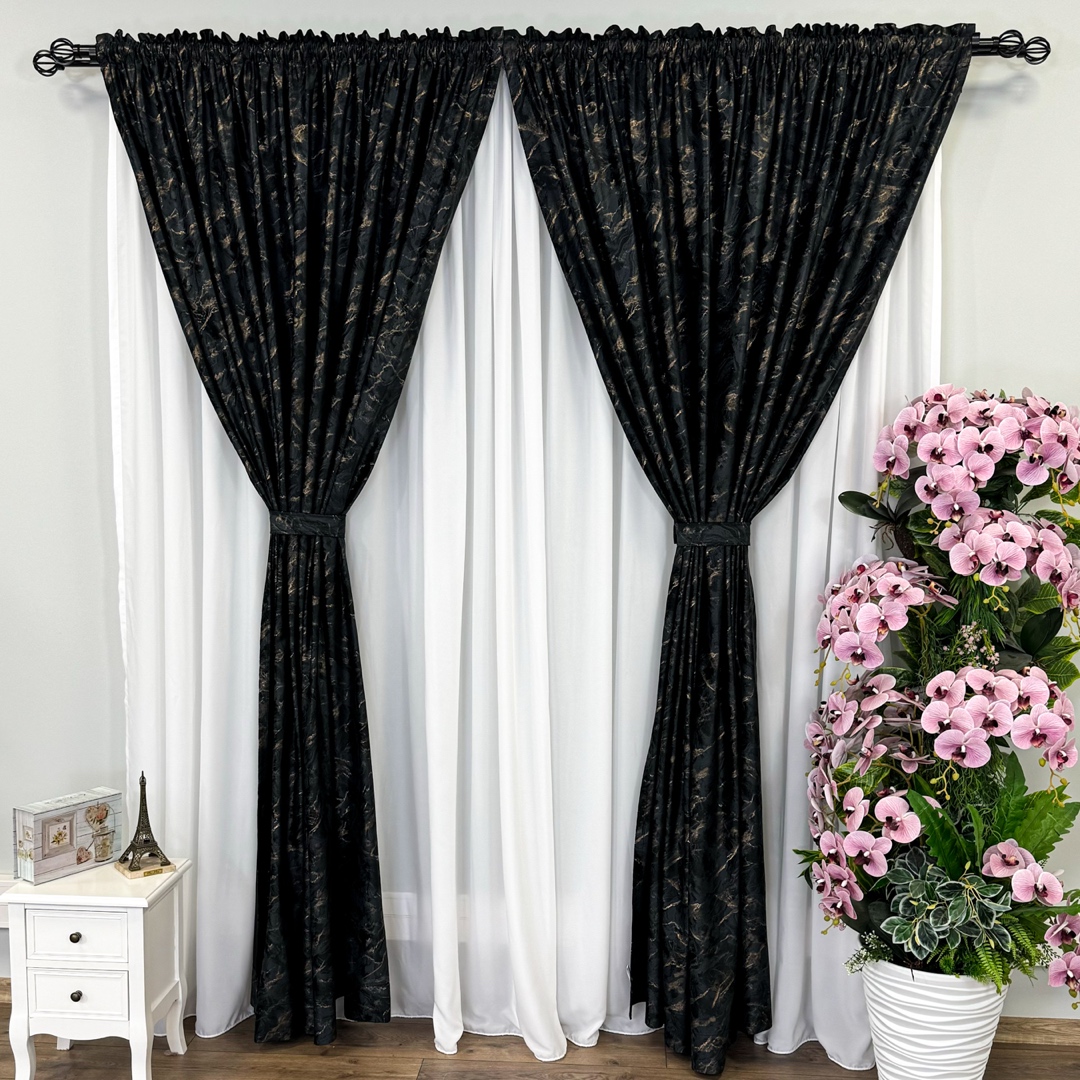 Draperie Catifea MYKONOS cu valuri rafinate aurii, 140cm latime x 260cm inaltime, cu TIV LAT, Negru - V8 - 1 | YEO