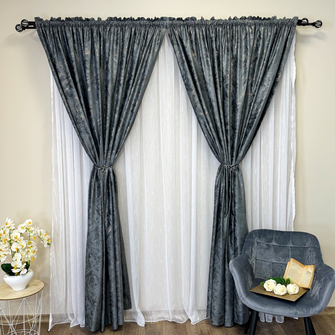 Draperie Catifea MYKONOS cu valuri rafinate aurii, 140cm latime x 260cm inaltime, cu TIV LAT, Gri inchis - V11 - 1 | YEO