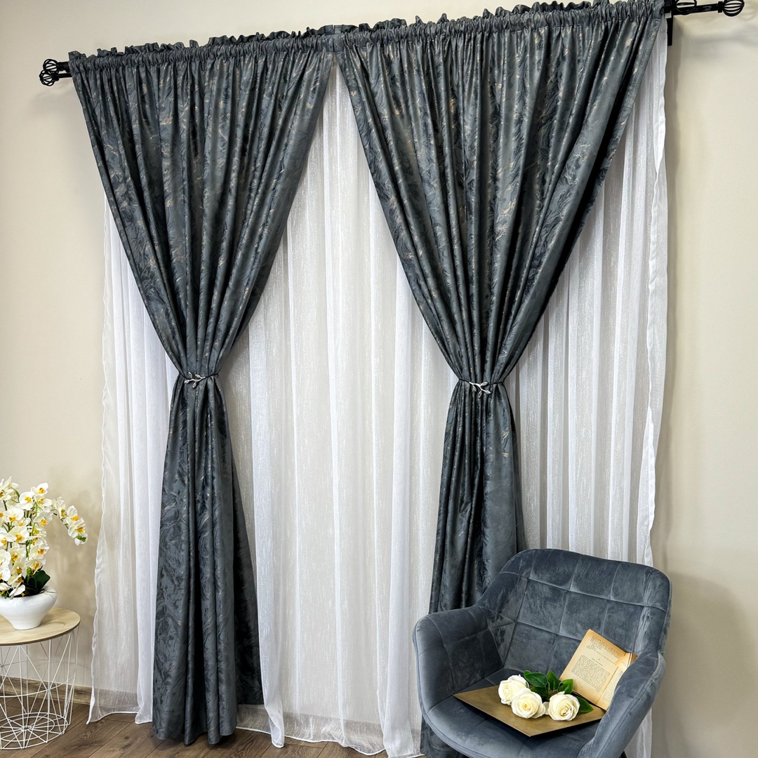 Draperie Catifea MYKONOS cu valuri rafinate aurii, 140cm latime x 260cm inaltime, cu TIV LAT, Gri inchis - V11 - 3 | YEO