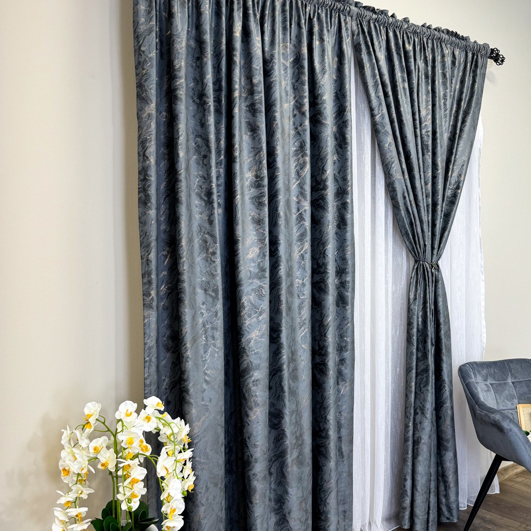 Draperie Catifea MYKONOS cu valuri rafinate aurii, 140cm latime x 260cm inaltime, cu TIV LAT, Gri inchis - V11 - 4 | YEO
