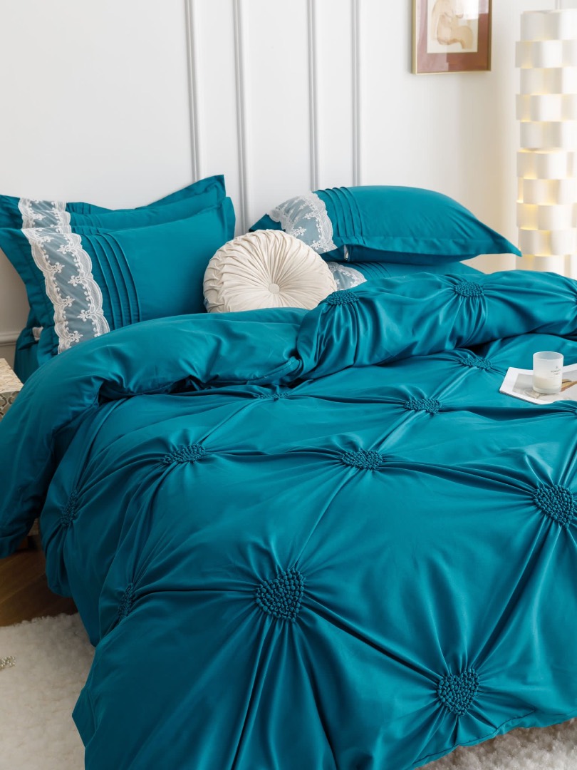 Lenjerie de Pat Premium, JOJO HOME, Finet Soft Touch, cu Inimioare din Pliuri Brodate, si Dantela Delicata, 6 Piese, Nesifonabila si Durabila, Turquoise - 2 | YEO