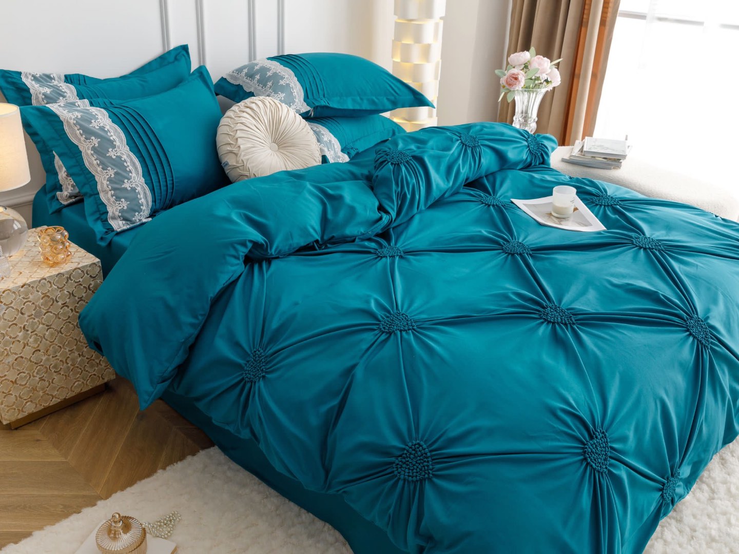 Lenjerie de Pat Premium, JOJO HOME, Finet Soft Touch, cu Inimioare din Pliuri Brodate, si Dantela Delicata, 6 Piese, Nesifonabila si Durabila, Turquoise - 3 | YEO