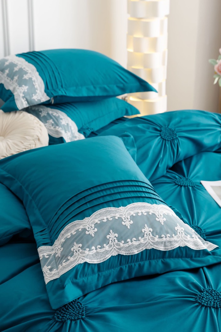 Lenjerie de Pat Premium, JOJO HOME, Finet Soft Touch, cu Inimioare din Pliuri Brodate, si Dantela Delicata, 6 Piese, Nesifonabila si Durabila, Turquoise - 4 | YEO