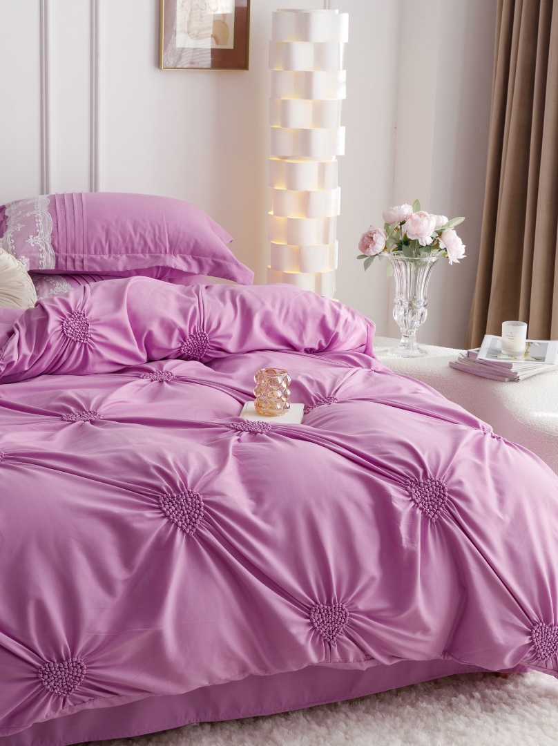Lenjerie de Pat Premium, JOJO HOME, Finet Soft Touch, cu Inimioare din Pliuri Brodate, si Dantela Delicata, 6 Piese, Nesifonabila si Durabila, Roz - 2 | YEO