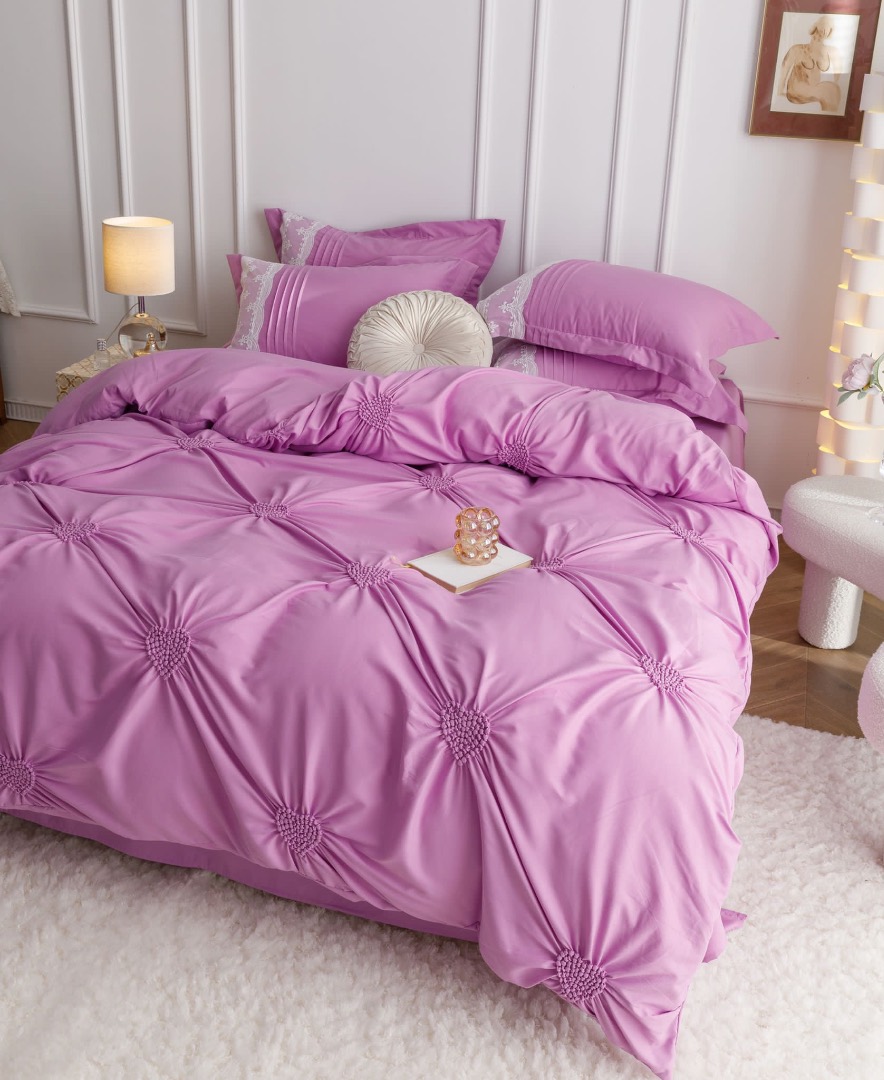 Lenjerie de Pat Premium, JOJO HOME, Finet Soft Touch, cu Inimioare din Pliuri Brodate, si Dantela Delicata, 6 Piese, Nesifonabila si Durabila, Roz - 4 | YEO