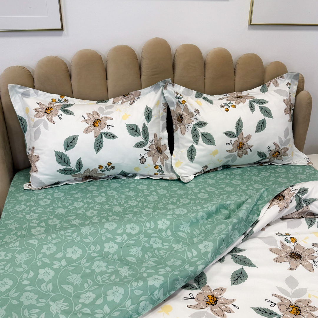 Poze (OFERTA 3 la 199 Lei) Lenjerie pat dublu cu ELASTIC (160x200cm, 180x200cm), Finet Soft, 4 piese, Verde, flori cumparamisim.ro