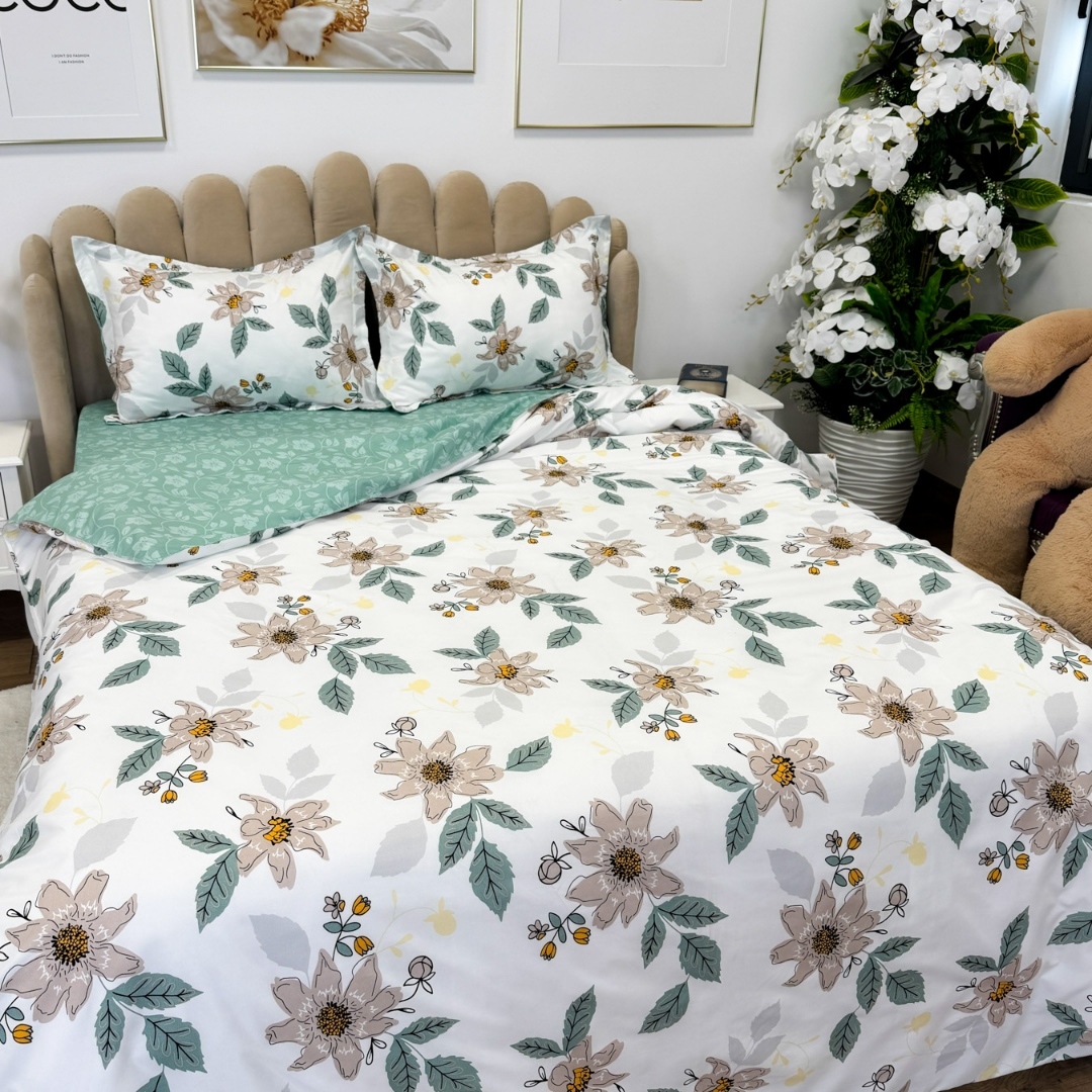 Poze (OFERTA 3 la 199 Lei) Lenjerie pat dublu cu ELASTIC (160x200cm, 180x200cm), Finet Soft, 4 piese, Verde, flori cumparamisim.ro