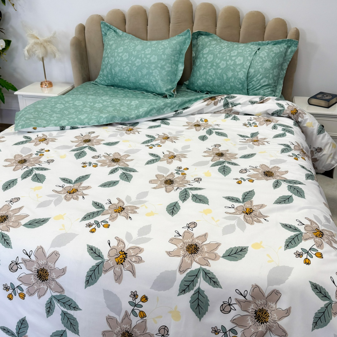 Poze (OFERTA 3 la 199 Lei) Lenjerie pat dublu cu ELASTIC (160x200cm, 180x200cm), Finet Soft, 4 piese, Verde, flori cumparamisim.ro