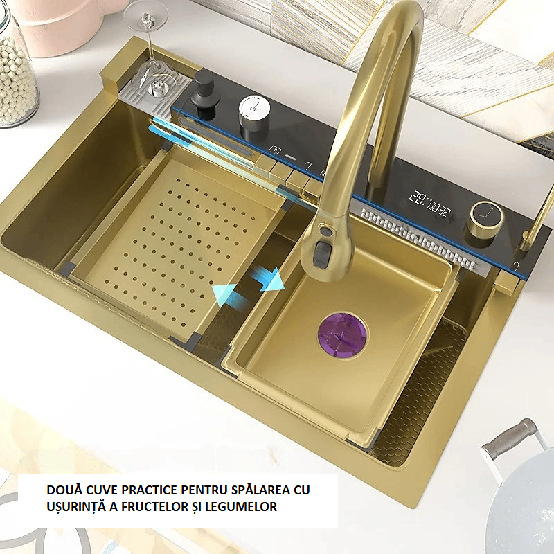Chiuveta Bucatarie Multifunctionala cu LED, Inox, Auriu – Negru 75×45cm – Puterea Tehnologiei si Designului in Bucataria Ta - 4 | YEO