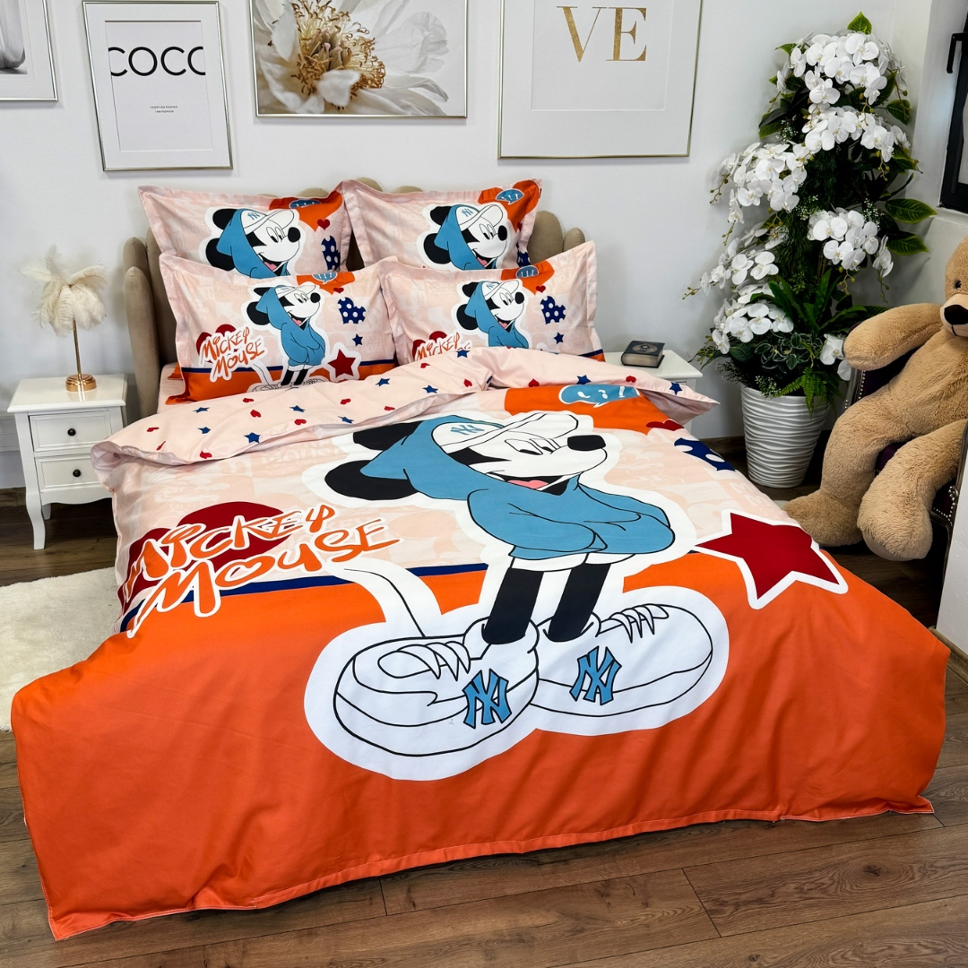 Lenjerie pat dublu (140x200cm, 160x200cm, 180x200cm), FINET, 6 piese, IDENTICA CU POZA,, Portocaliu, Bleu, Mickey Mouse - 3 | YEO