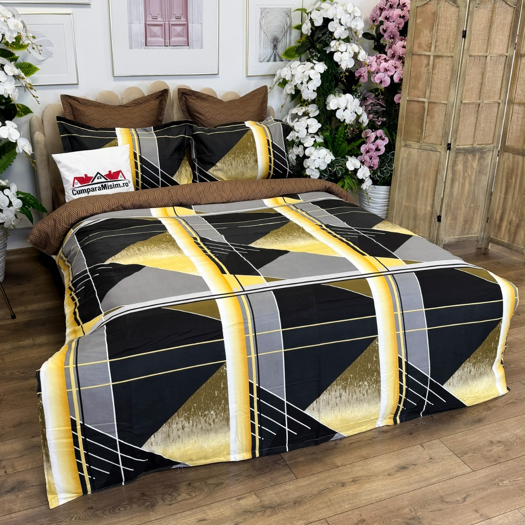 (OFERTA TRIO) Lenjerie pat dublu,  FINET, cu elastic, 6 piese, Negru, Gri, Galben, Forme Geometrice - 2 | YEO