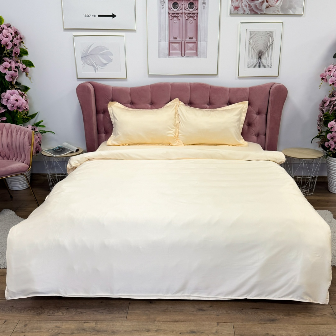 Lenjerie de Pat din Satin Extra Fin, Pat Dublu, 4 Piese, cu ELASTIC, Uni, Bej Gold – Rafinament si Lux la Superlativ - 1 | YEO