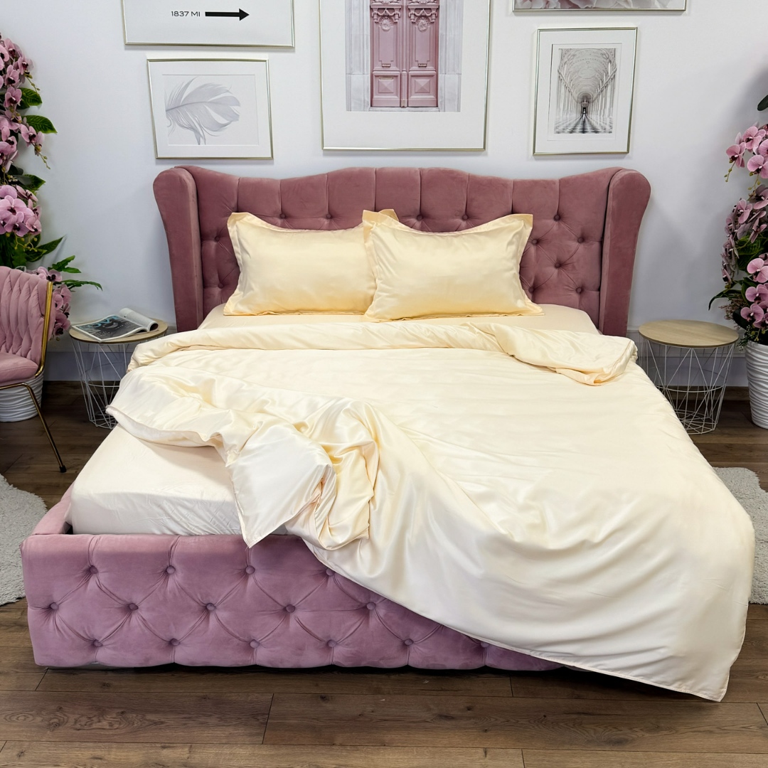 Lenjerie de Pat din Satin Extra Fin, Pat Dublu, 4 Piese, cu ELASTIC, Uni, Bej Gold – Rafinament si Lux la Superlativ - 2 | YEO