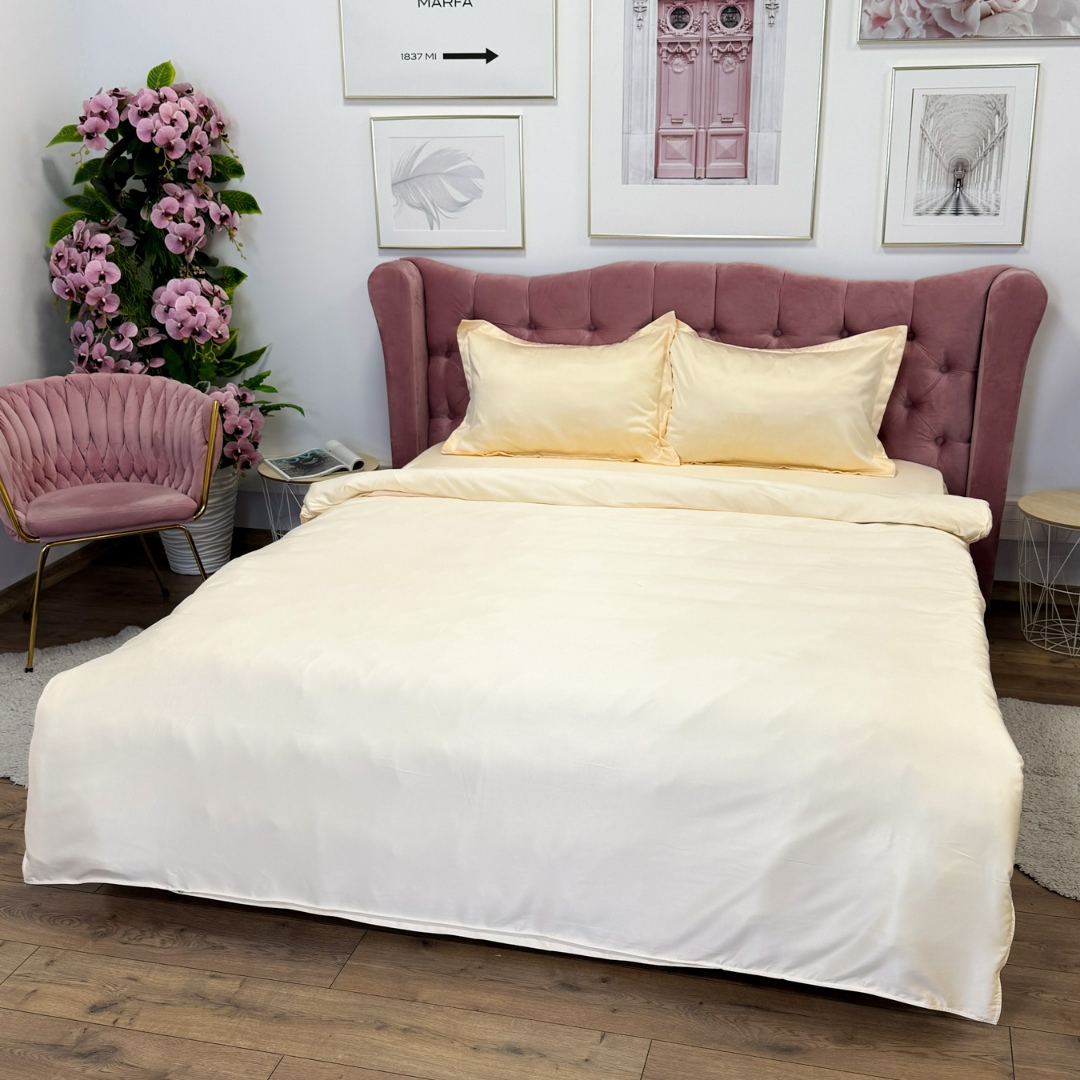 Lenjerie de Pat din Satin Extra Fin, Pat Dublu, 4 Piese, cu ELASTIC, Uni, Bej Gold – Rafinament si Lux la Superlativ - 3 | YEO