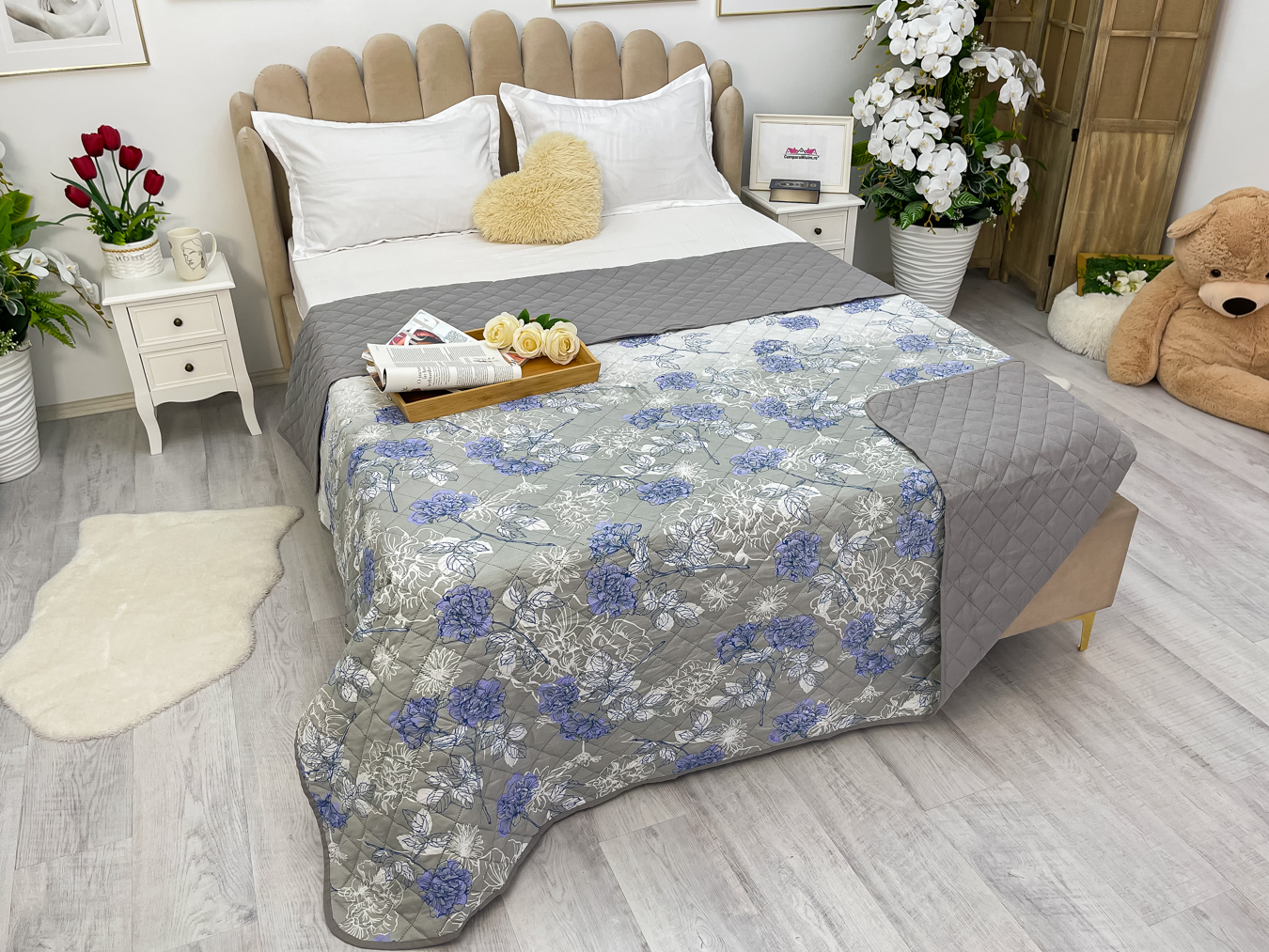 (OFERTA 3 la 199 Lei) Cuvertura matlasata cu doua fete pentru pat dublu , 210x210, Gri-Albastru, flori - imagine 2