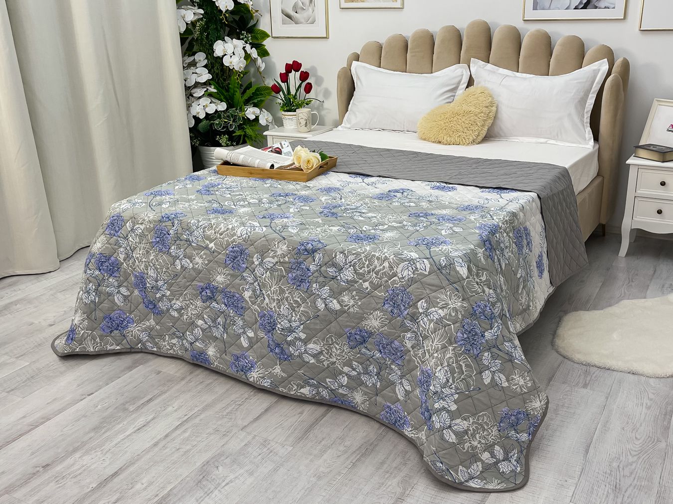 (OFERTA 3 la 199 Lei) Cuvertura matlasata cu doua fete pentru pat dublu , 210x210, Gri-Albastru, flori - imagine 3