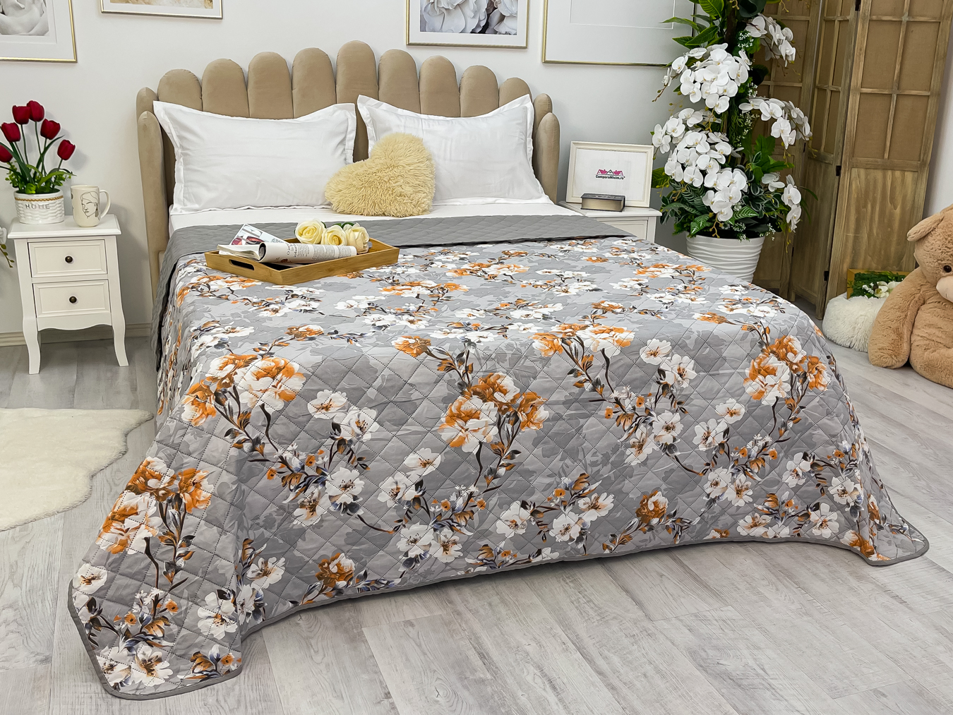 (OFERTA 3 la 199 Lei) Cuvertura matlasata cu doua fete pentru pat dublu , 210x210, Gri, flori - 1 | YEO