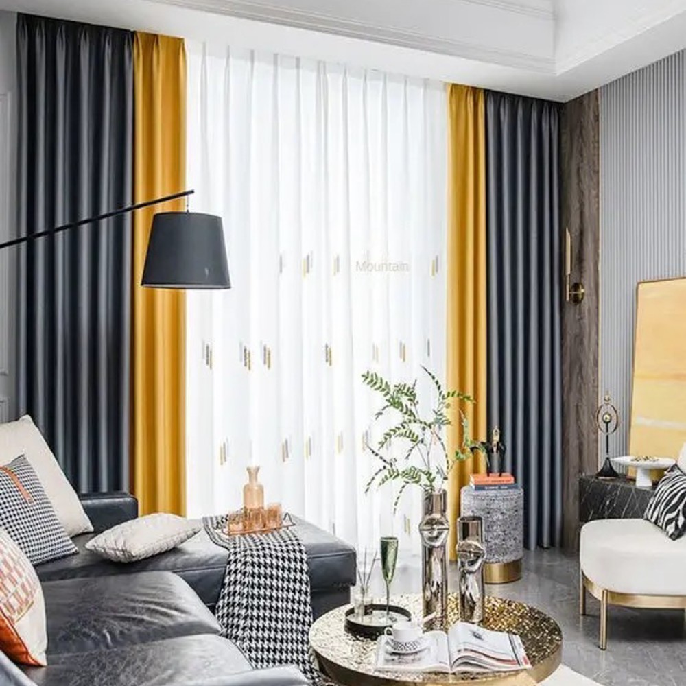 Draperie Blackout 80%, din Catifea, Bicolor - 140cm latime x 200cm inaltime ,rejansa pt. sina, Gri inchis - Galben – imagine 2