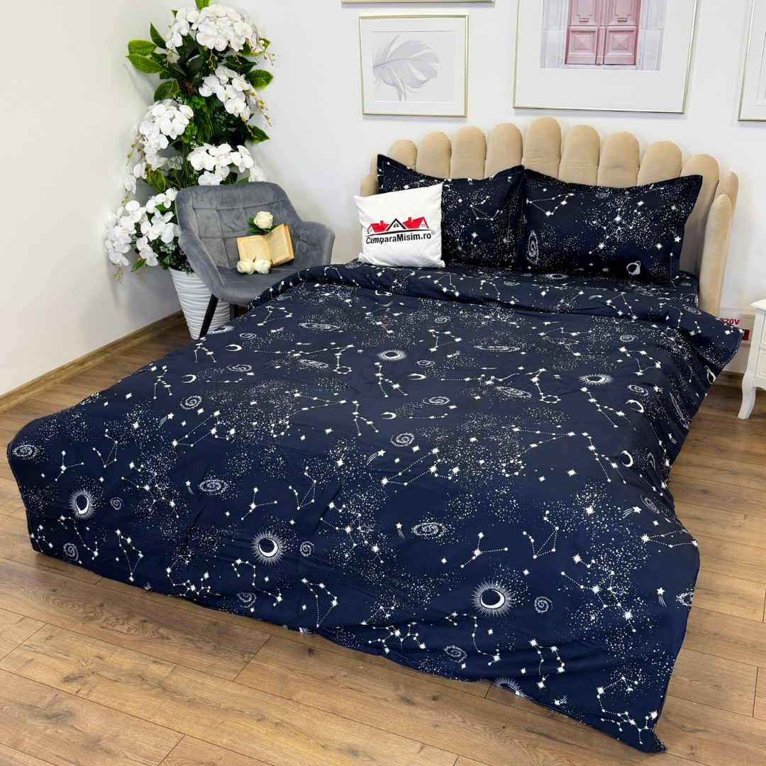 (OFERTA 3 la 219 Lei) Lenjerie pat dublu cu Elastic (160x200cm si 180x200cm), bumbac satinat, Bleumarin, stelute - 3 | YEO