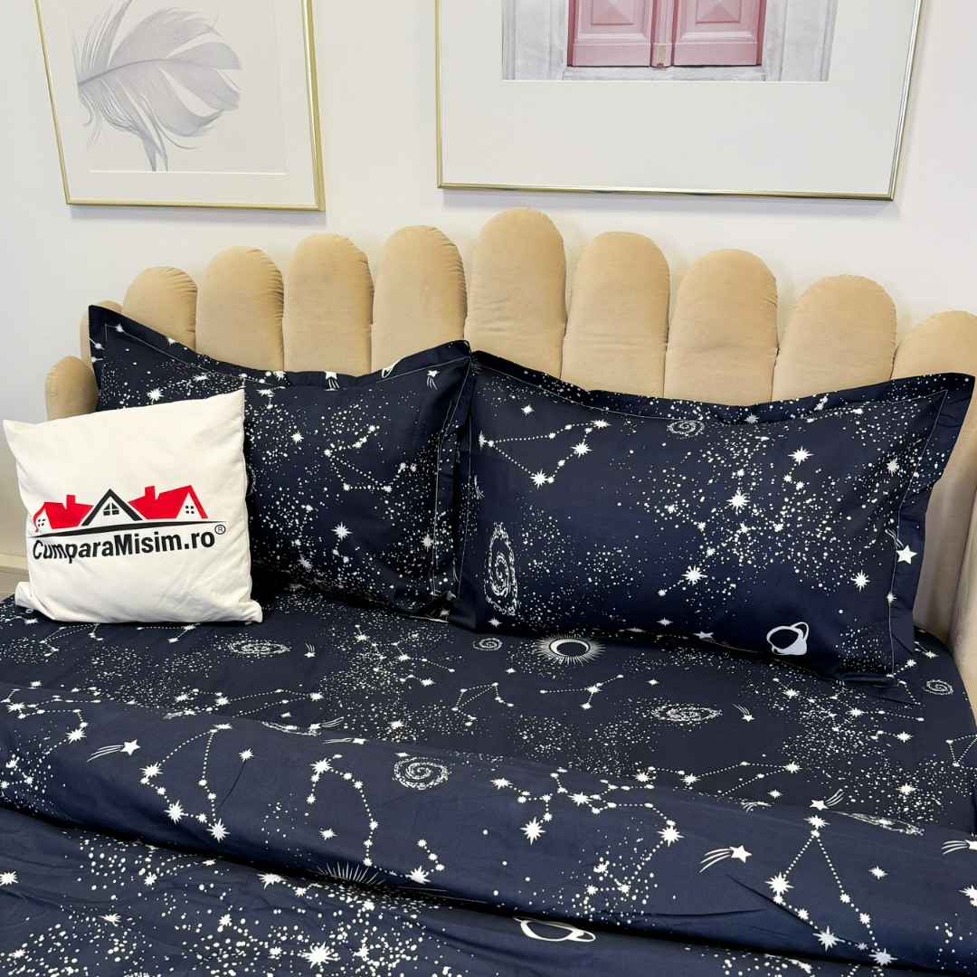 (OFERTA 3 la 219 Lei) Lenjerie pat dublu cu Elastic (160x200cm si 180x200cm), bumbac satinat, Bleumarin, stelute - 4 | YEO