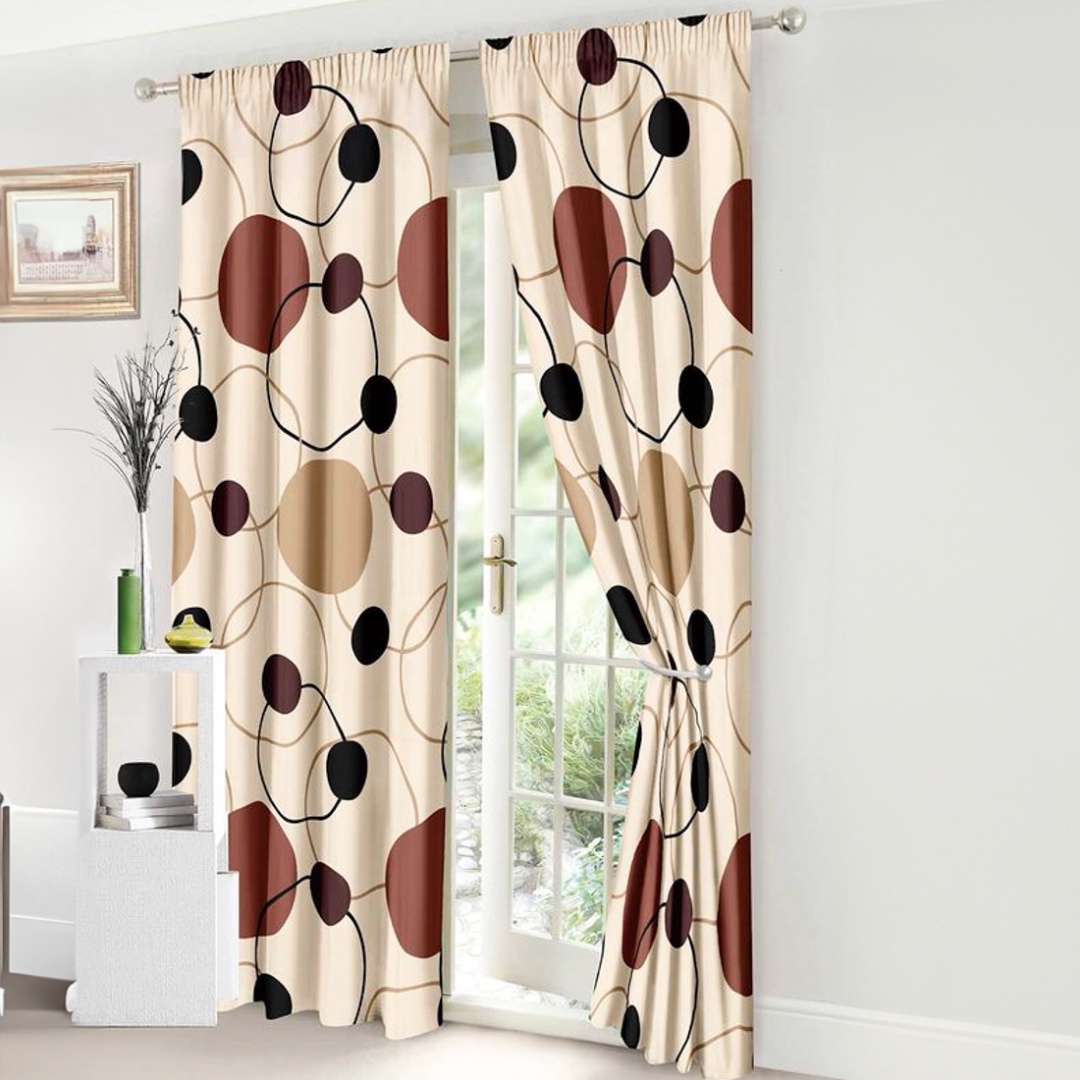 Set Lenjerie pat dublu cu Elastic (140x200cm) + 2 draperii, finet, 6 piese, Bej, Maro, Cercuri, Buline - 1 | YEO