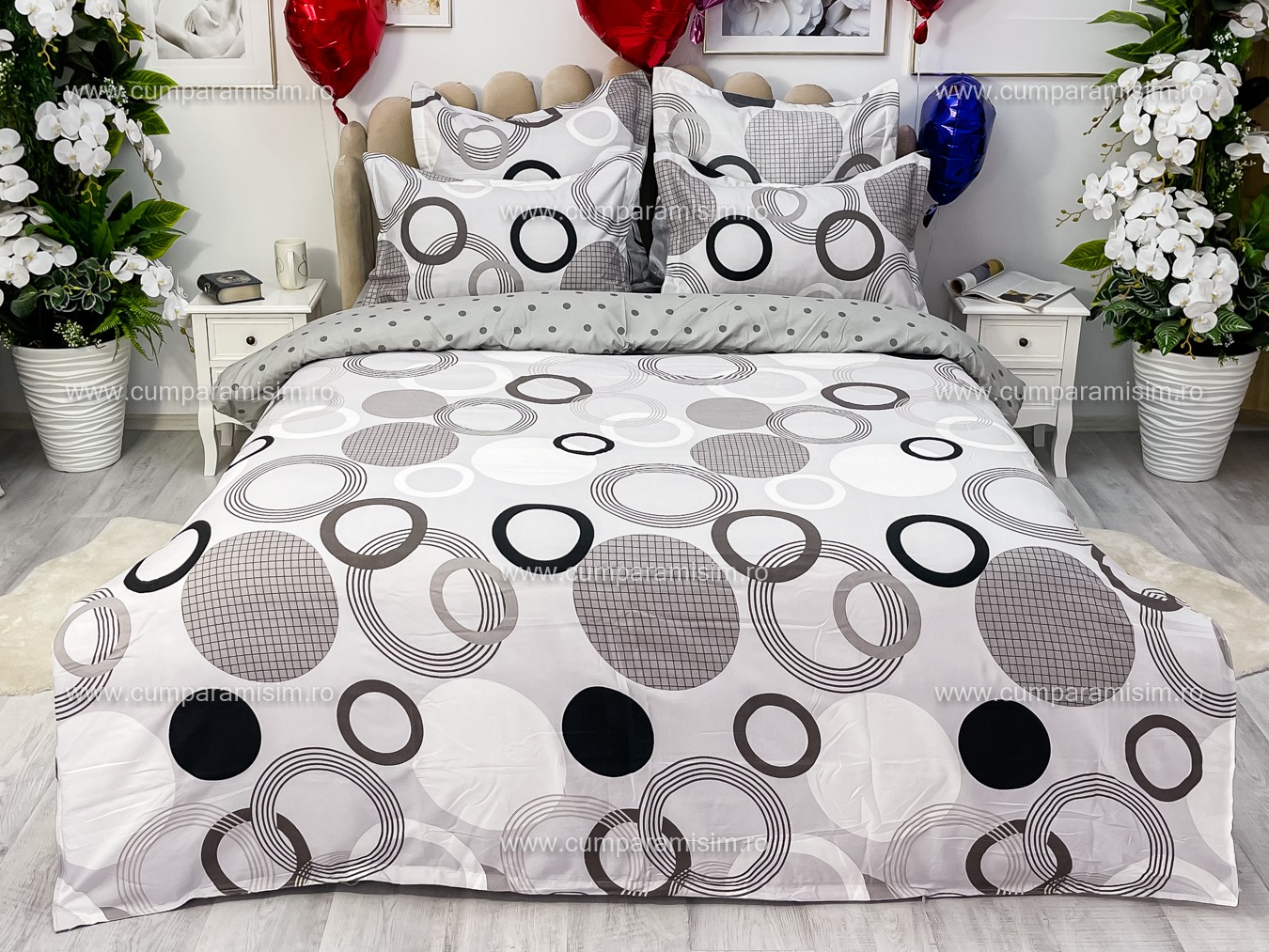 (OFERTA TRIO) Lenjerie pat dublu,  FINET, 6 piese, Gri, cercuri - 1 | YEO