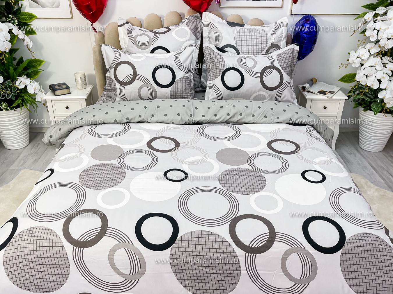 (OFERTA TRIO) Lenjerie pat dublu,  FINET, 6 piese, Gri, cercuri - 2 | YEO