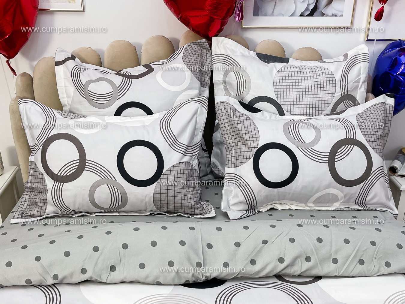 (OFERTA TRIO) Lenjerie pat dublu,  FINET, 6 piese, Gri, cercuri - 3 | YEO