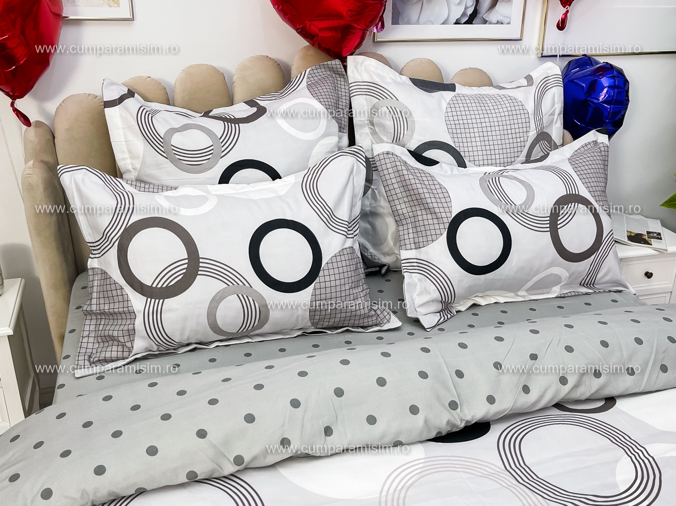 (OFERTA TRIO) Lenjerie pat dublu,  FINET, 6 piese, Gri, cercuri - 4 | YEO