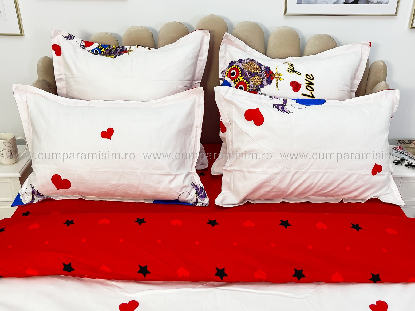 (OFERTA TRIO) Lenjerie pat dublu,  FINET, 6 piese, Alb-Rosu, bufnite - 3 | YEO
