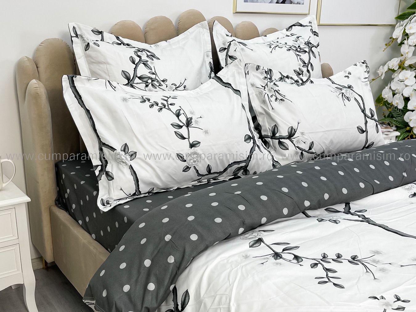(OFERTA TRIO) Lenjerie pat dublu,  FINET, 6 piese, Gri, crengute - 4 | YEO