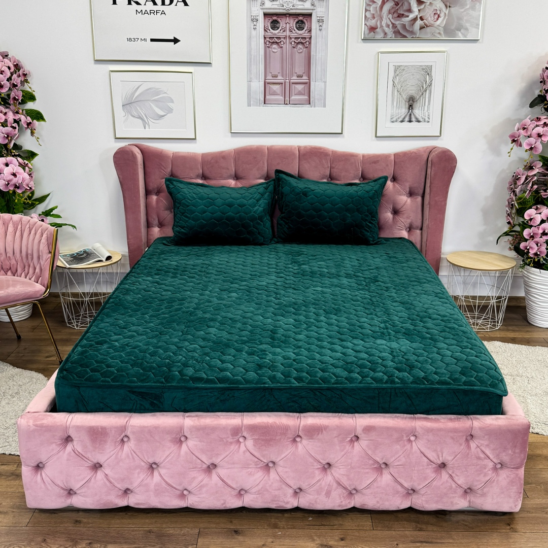 Husã matlasatã tip topper din catifea, 160x200cm + 2 fete de perna 50x70cm, verde - 1 | YEO