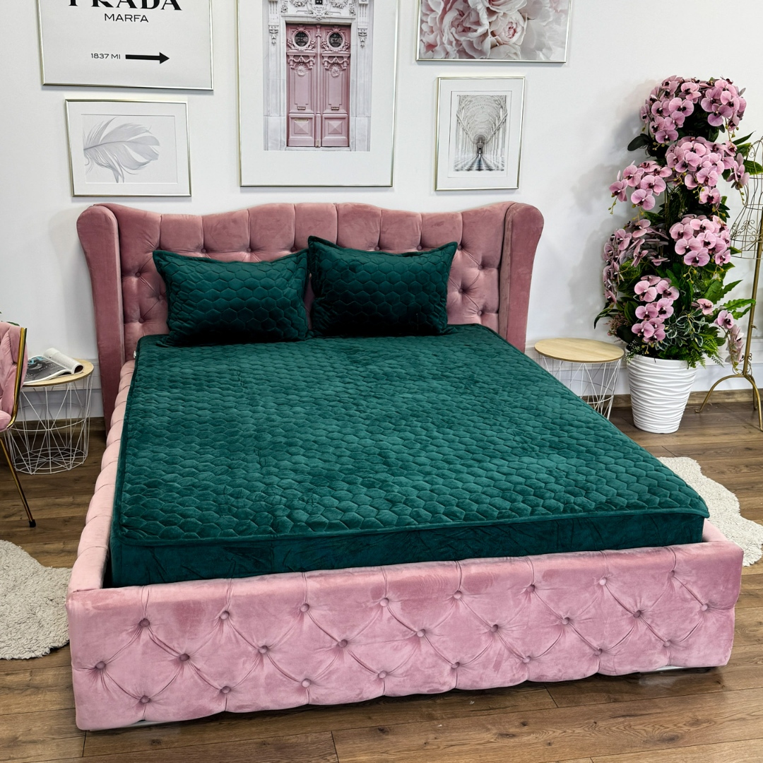 Husã matlasatã tip topper din catifea, 160x200cm + 2 fete de perna 50x70cm, verde - 2 | YEO