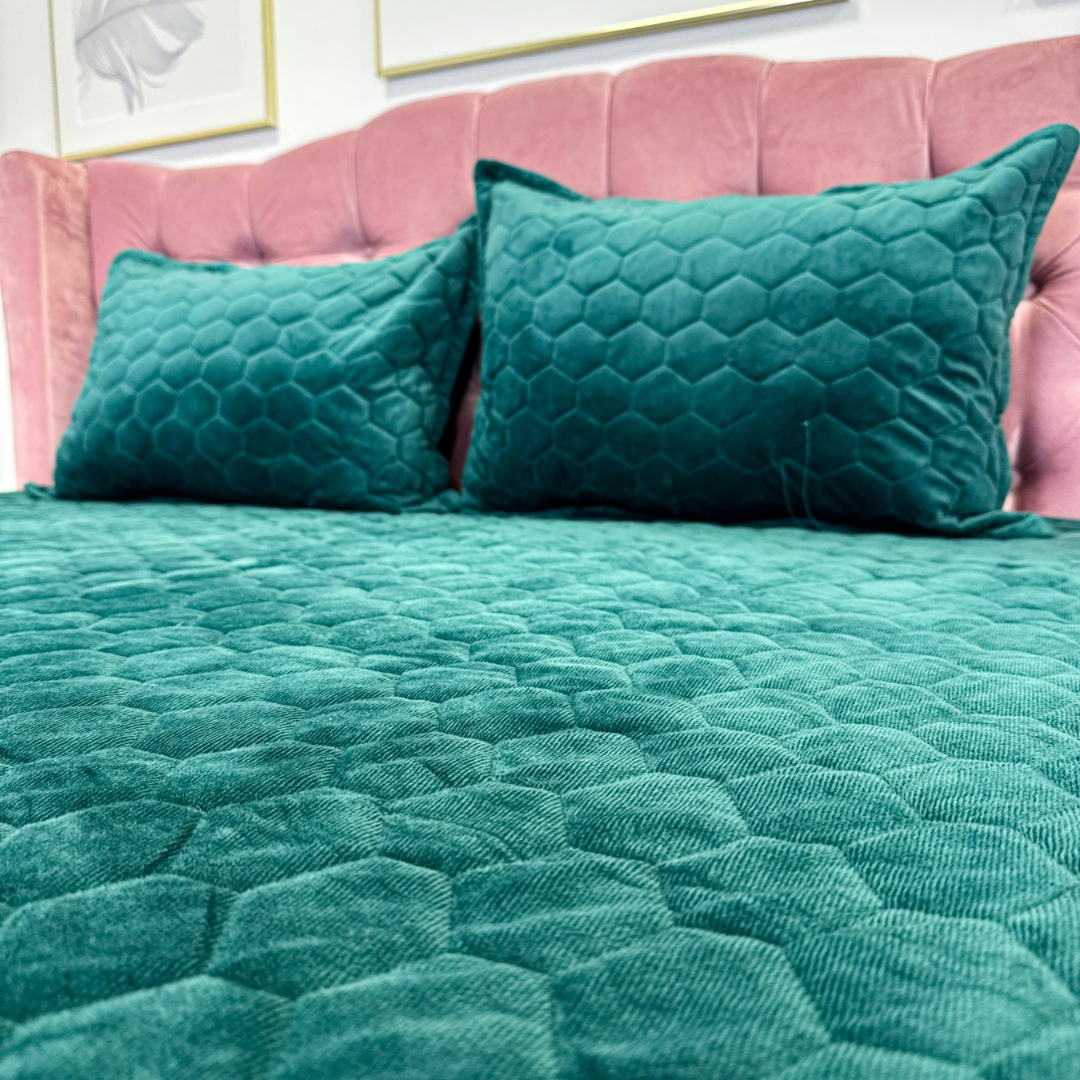 Husã matlasatã tip topper din catifea, 160x200cm + 2 fete de perna 50x70cm, verde - 4 | YEO