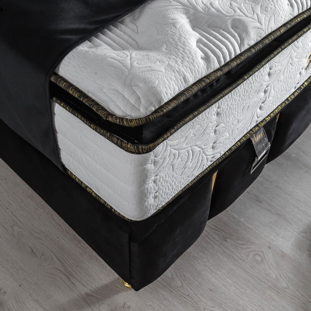 Pat Tapitat cu Catifea si Insertii Aurii, Antracit - model Golden + Saltea cu Topper ExtraLux Golden Exclusive Series - 2 | YEO