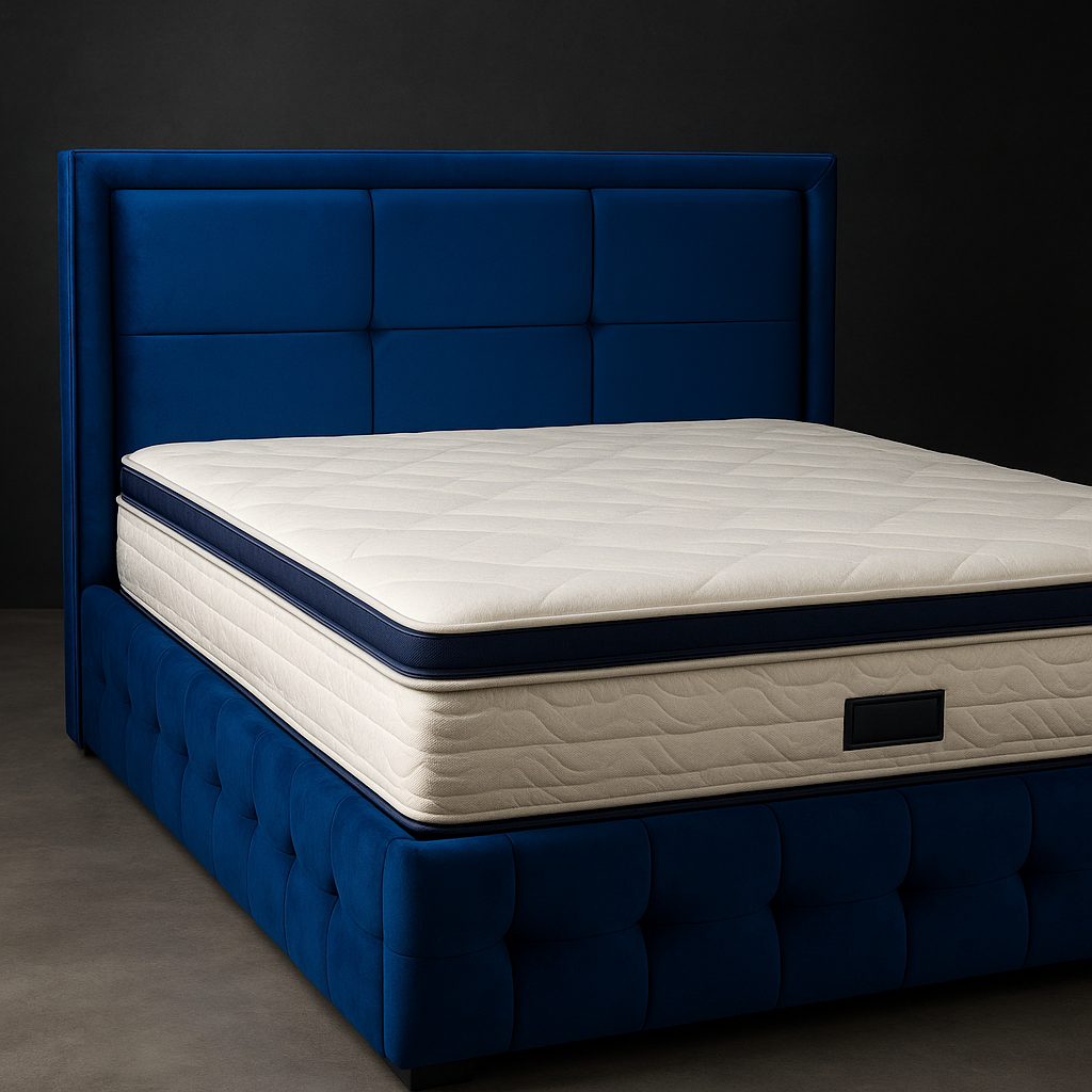 Pat Tapitat cu Catifea, Albastru Royal - model Azur + Saltea Deluxe cu Topper Incorporat - 1 | YEO