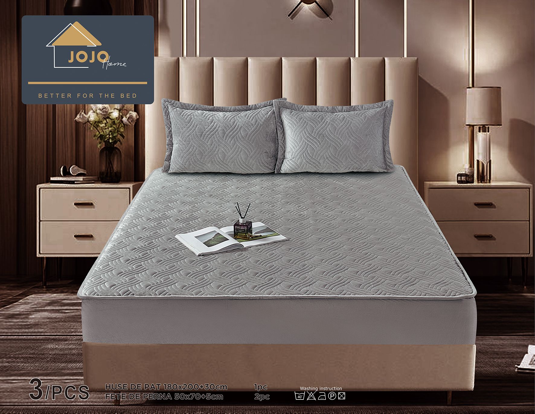 Husã matlasatã tip topper din catifea, 160x200cm + 2 fete de perna 50x70cm, gri - 1 | YEO