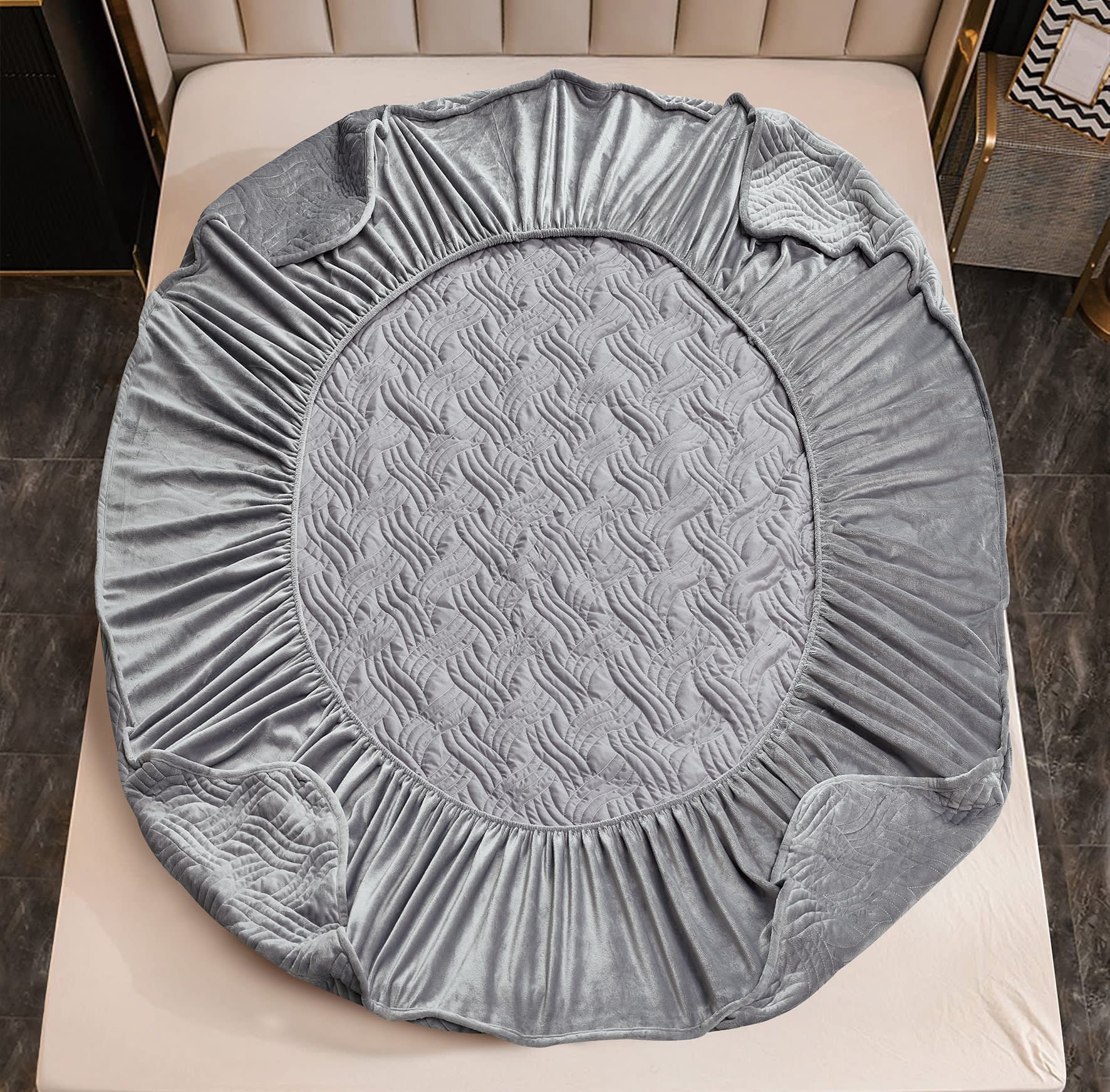 Husã matlasatã tip topper din catifea, 160x200cm + 2 fete de perna 50x70cm, gri - 3 | YEO