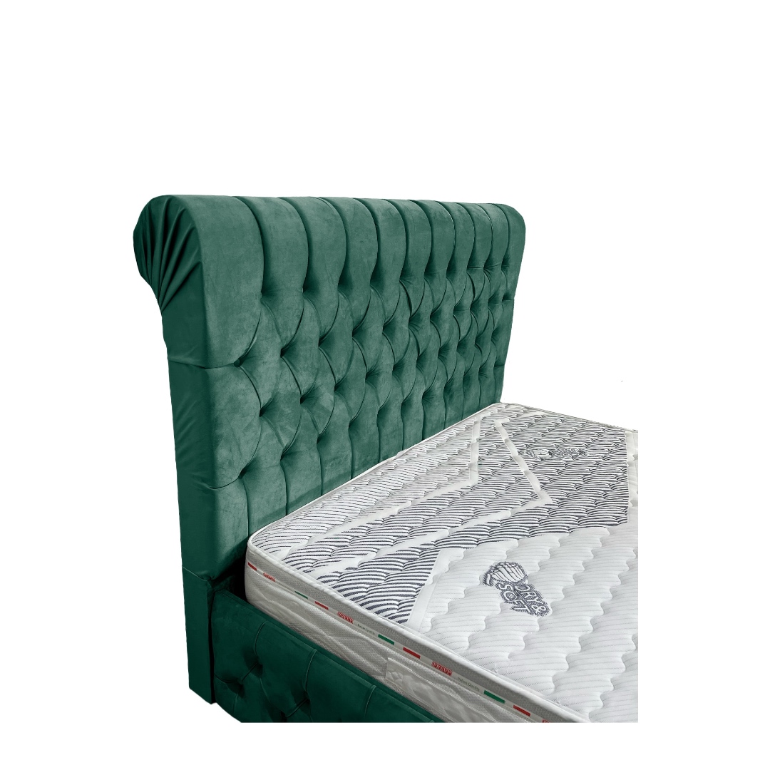 Pat Tapitat cu Catifea, Model Chesterfield, Verde, Model Sienna + Saltea Deluxe cu Topper incorporat - 1 | YEO