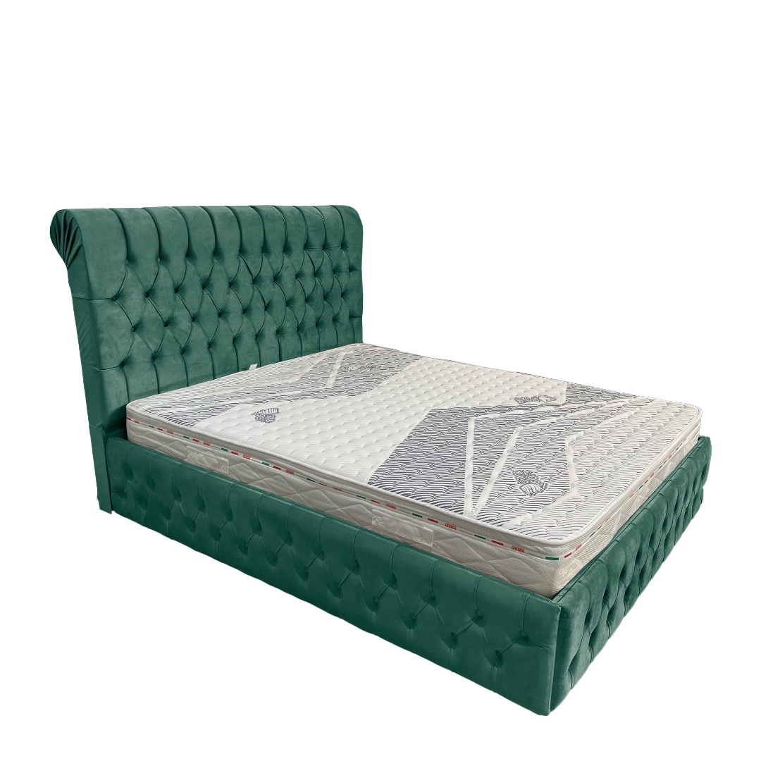 Pat Tapitat cu Catifea, Model Chesterfield, Verde, Model Sienna + Saltea Deluxe cu Topper incorporat - 2 | YEO