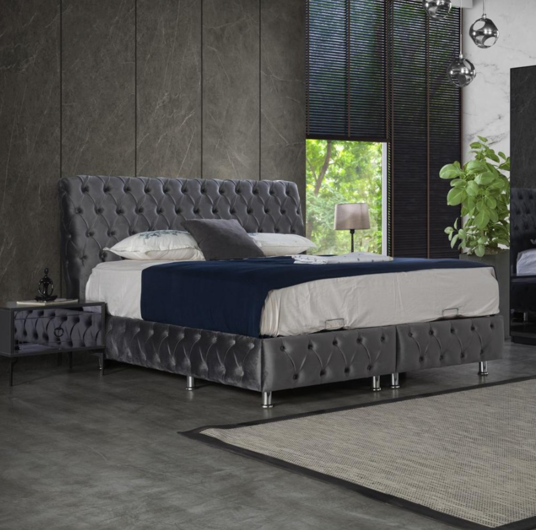 Pat Tapitat in stil Chesterfield cu Nasturi Imbracati, din Catifea, Gri - model Roma + Saltea cu Topper Deluxe Frozen - 2 | YEO