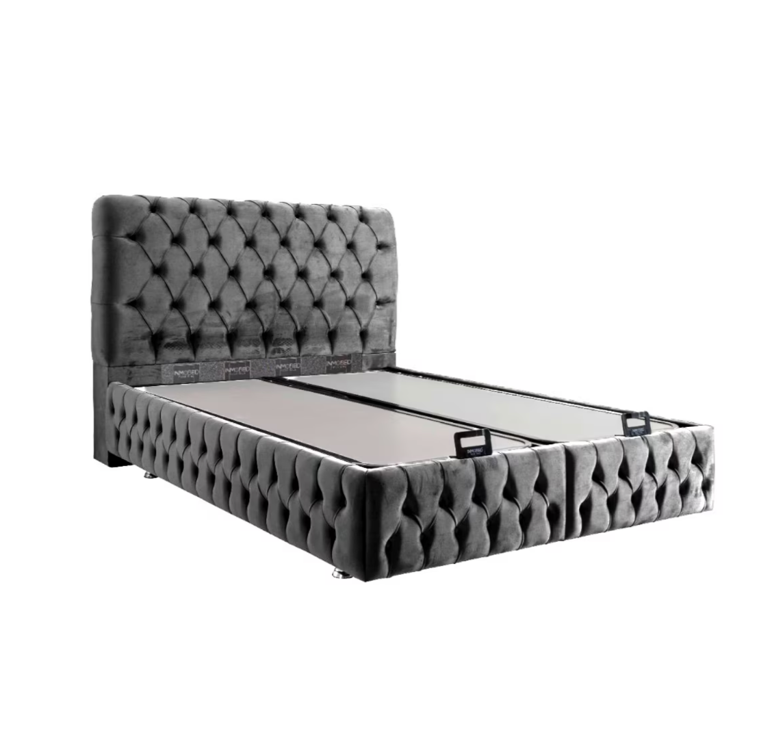 Pat Tapitat in stil Chesterfield cu Nasturi Imbracati, din Catifea, Gri - model Roma + Saltea cu Topper Deluxe Frozen - 4 | YEO