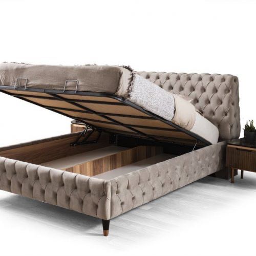 Pat Tapitat in stil Chesterfield cu Nasturi Imbracati, din Catifea, Bej - model Roma + Saltea cu Topper Deluxe Frozen - 1 | YEO
