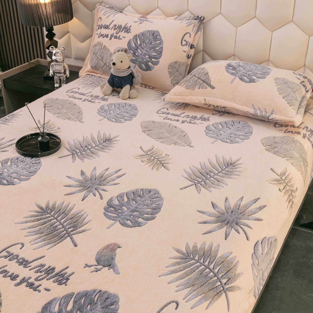 Cearsaf CoCoLiNo, JoJo Home, cu Elastic, 180x200x25cm, 2 fete de perne, 50x70cm, Crem, Gri, frunze - 1 | YEO