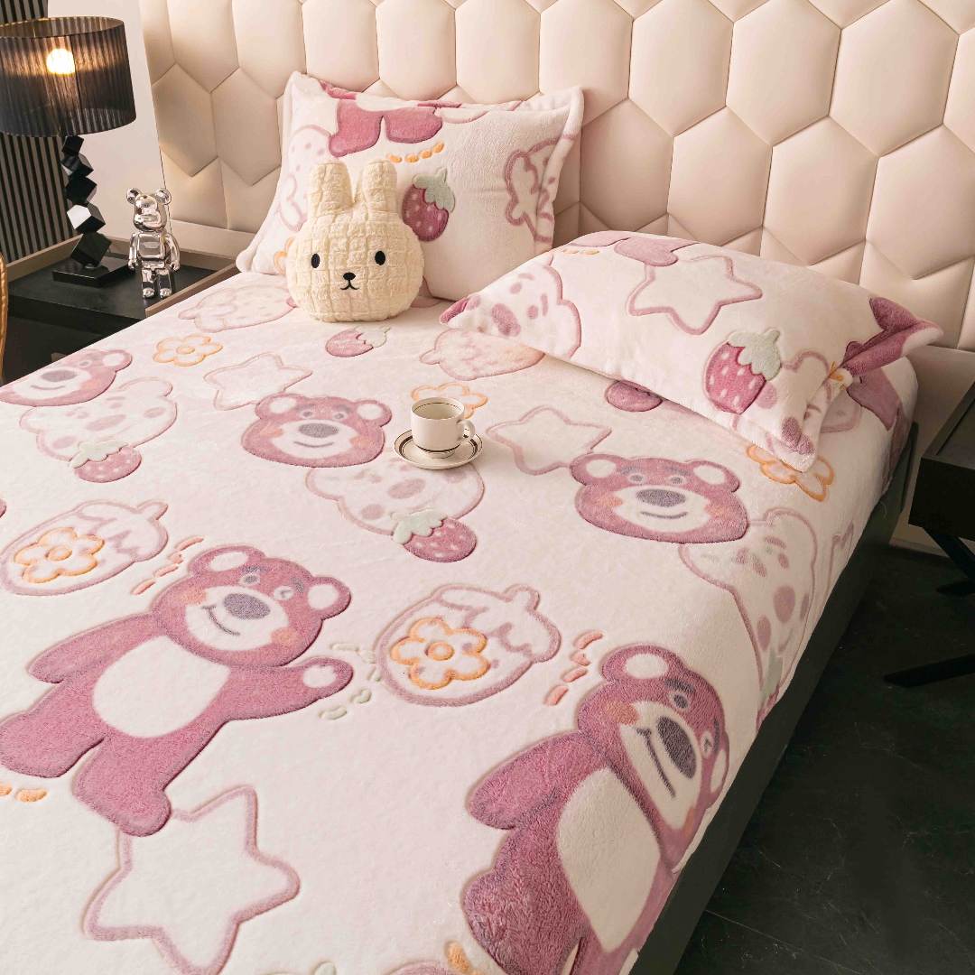 Cearsaf CoCoLiNo, JoJo Home, cu Elastic, 180x200x25cm, 2 fete de perne, 50x70cm, Crem, Roz, Ursuleti, Stelute, Inimioare - 1 | YEO