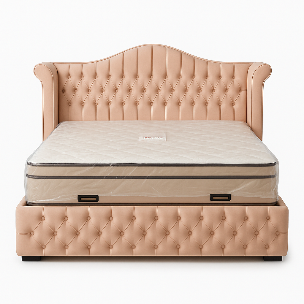 Pat Tapitat cu Catifea, Model Chesterfield, Somon, Model Royal + Saltea Deluxe Ortopedic cu Topper - 1 | YEO