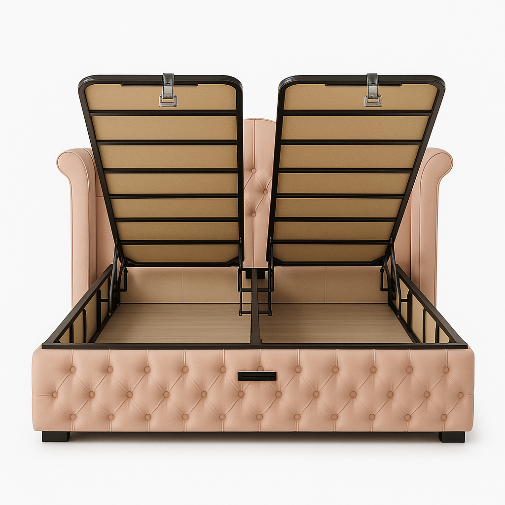 Pat Tapitat cu Catifea, Model Chesterfield, Somon, Model Royal + Saltea Deluxe Ortopedic cu Topper - 2 | YEO