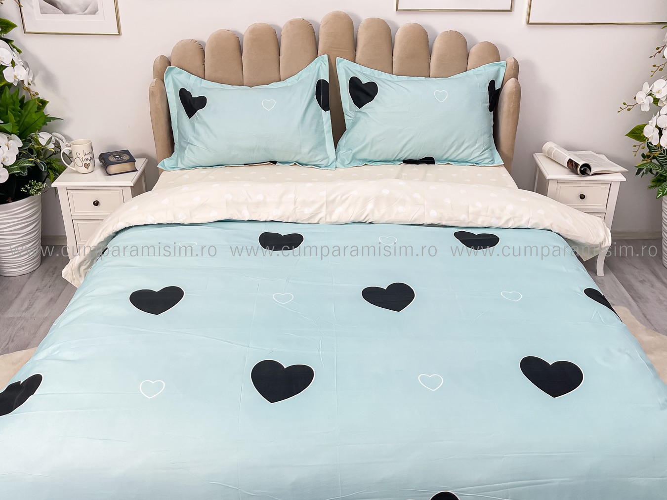 (OFERTA 3 la 219 Lei) Lenjerie pat dublu cu Elastic (160x200cm si 180x200cm), bumbac satinat, Bleu, inimioare - 2 | YEO